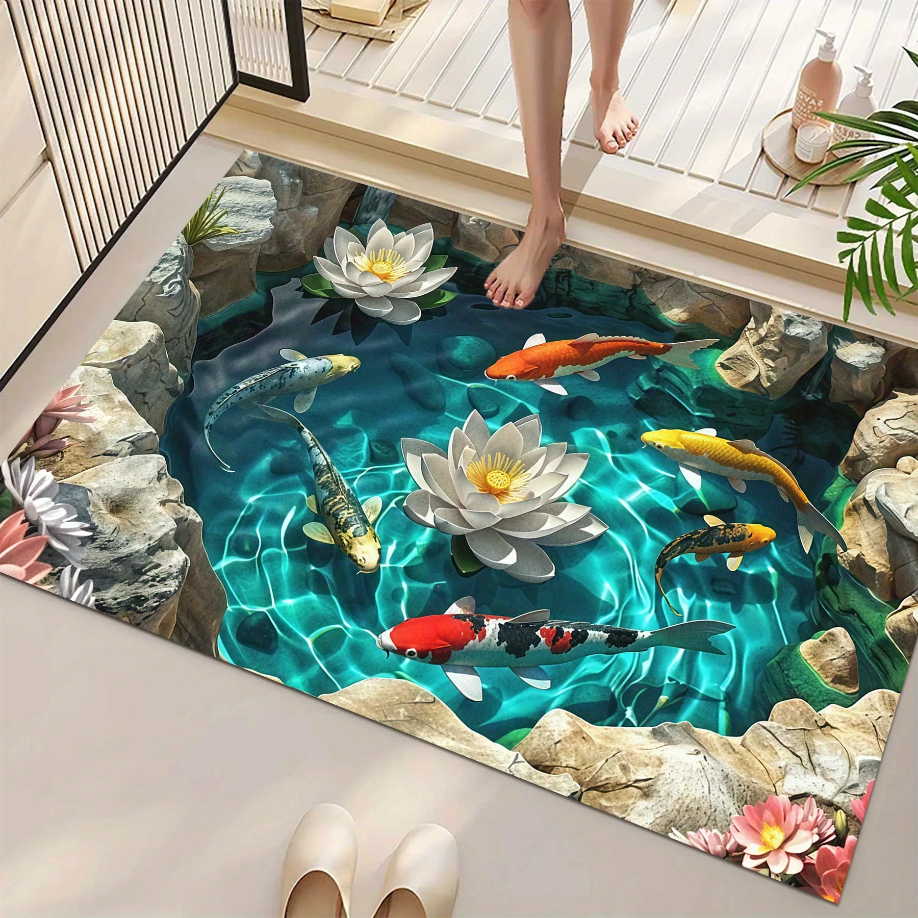 Planted Aquarium Carpet Plant - 2D鯉魚と蓮の花柄バスマット滑り止め室内フロアマット鮮やかな水槽デザインソフトで吸水性のある浴室用ウェルカムマット
